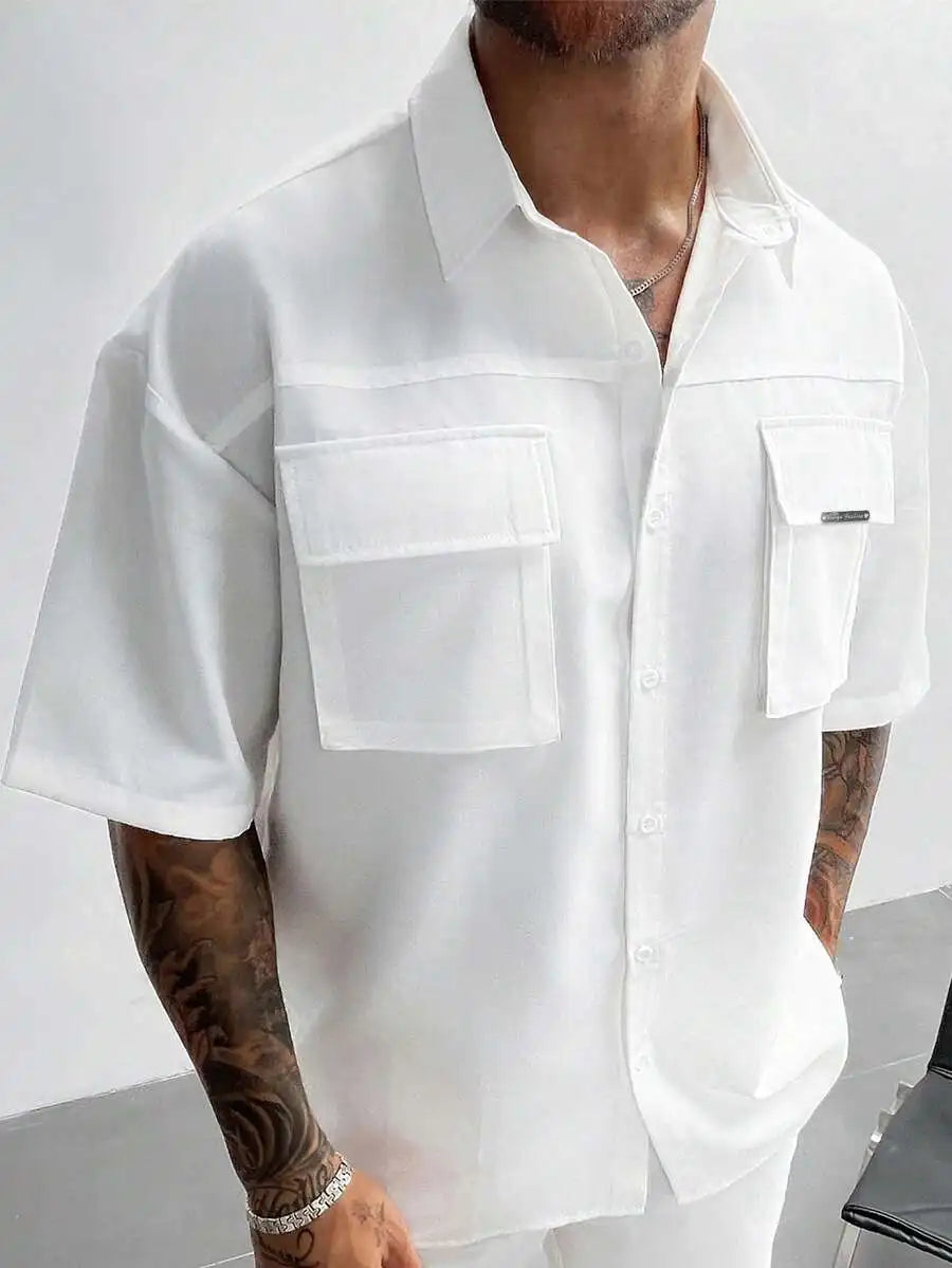 Men's White Short Sleeve Loose Fit Cargo Shirt with Front Pockets