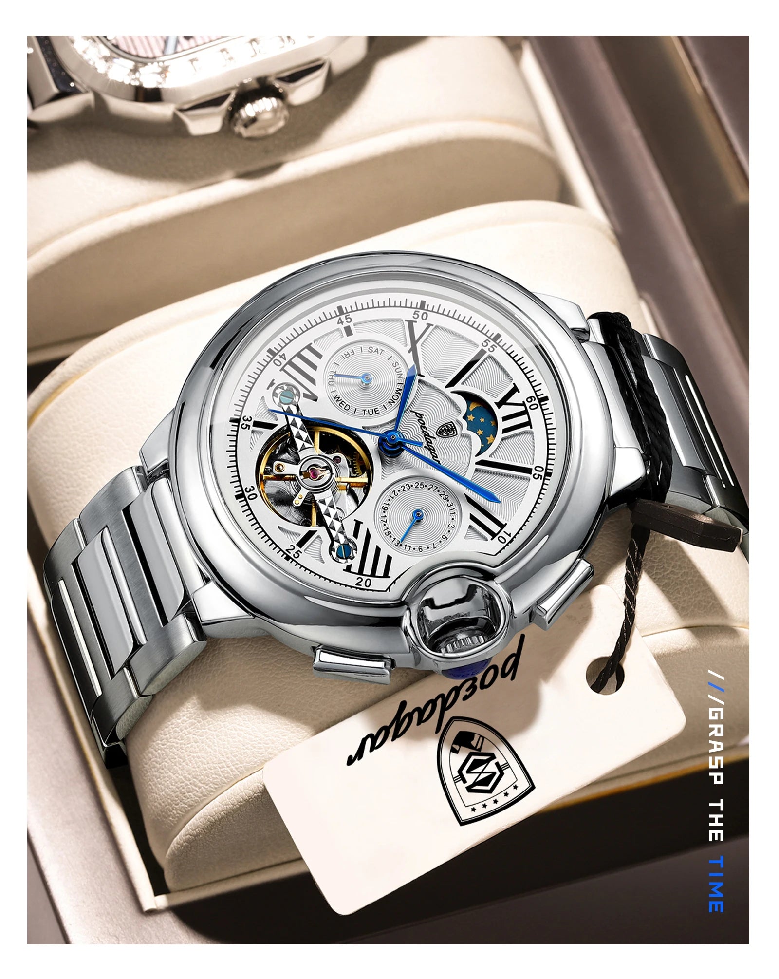 POEDAGAR Luxury Male Clock Date Week Stainless Steel Tourbillon Men Watch Waterproof Automatic Mechanical Business Men's Watches