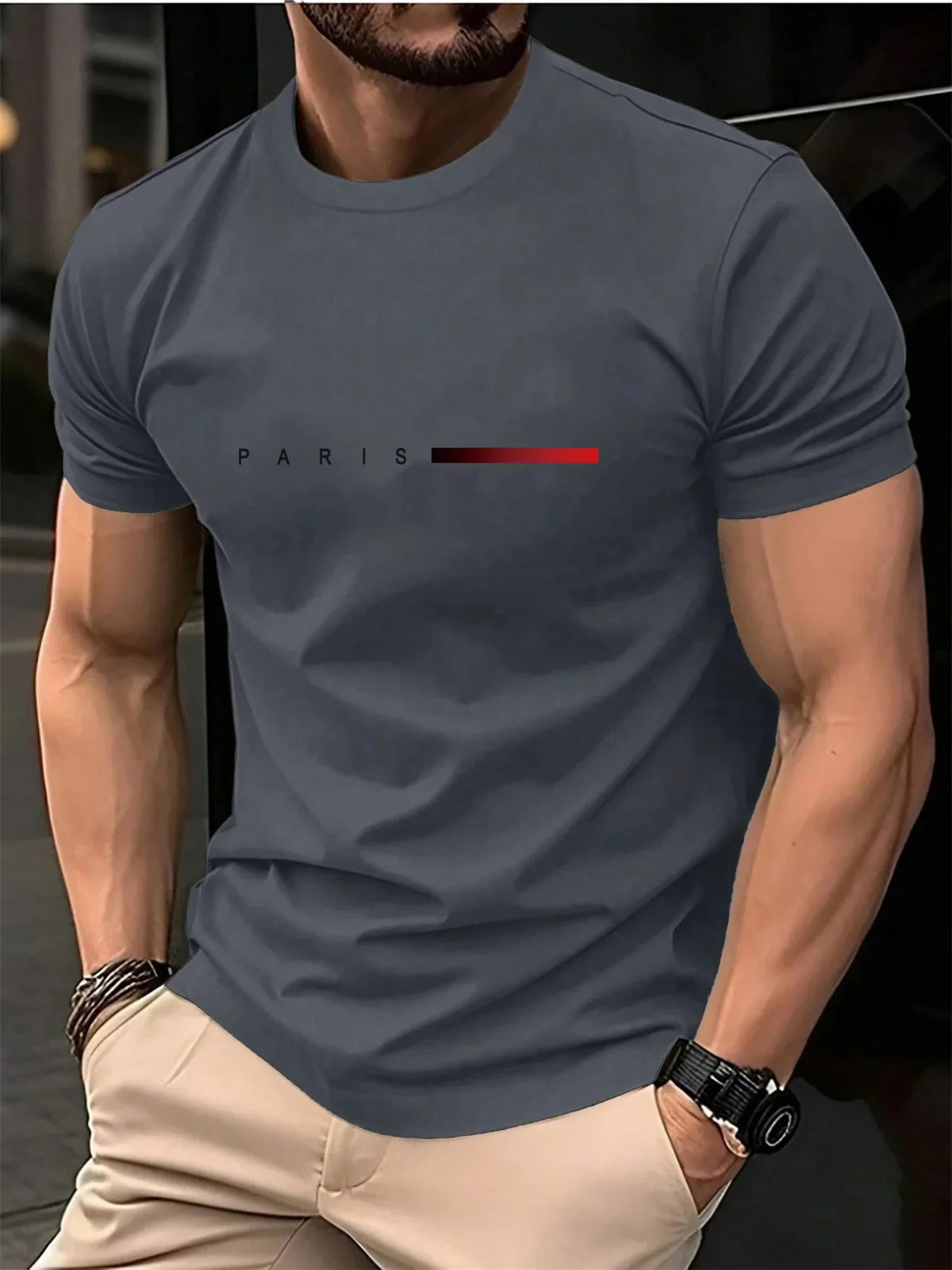 New fashionable t-shirt for men loose Paris style with creative print of letters casual round neck and short sleeves for summer