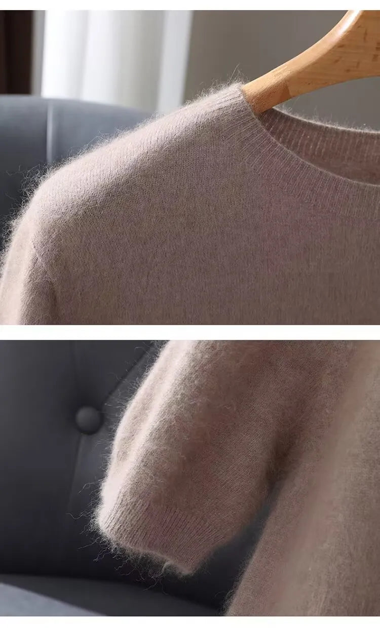 100% Mink Cashmere Knitted Short Sleeved Men's Loose Round Neck Solid Color Half Sleeved Simple T-Shirt Casual Business Cashmere