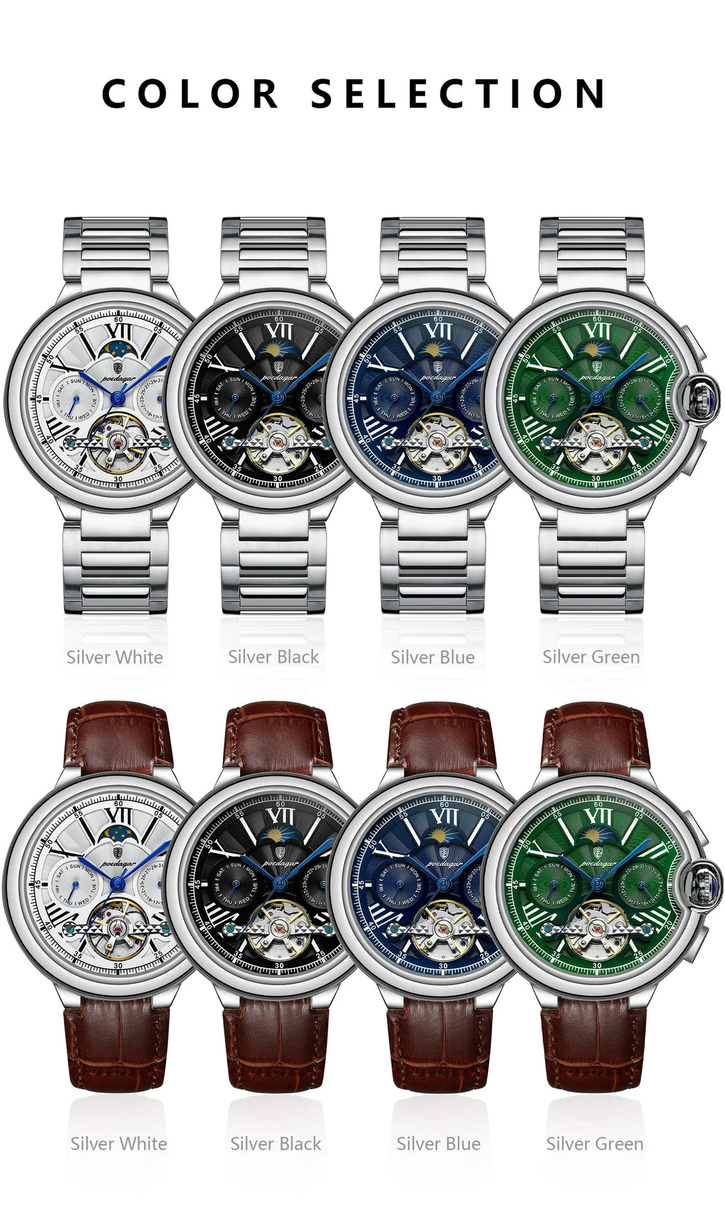 POEDAGAR Luxury Male Clock Date Week Stainless Steel Tourbillon Men Watch Waterproof Automatic Mechanical Business Men's Watches