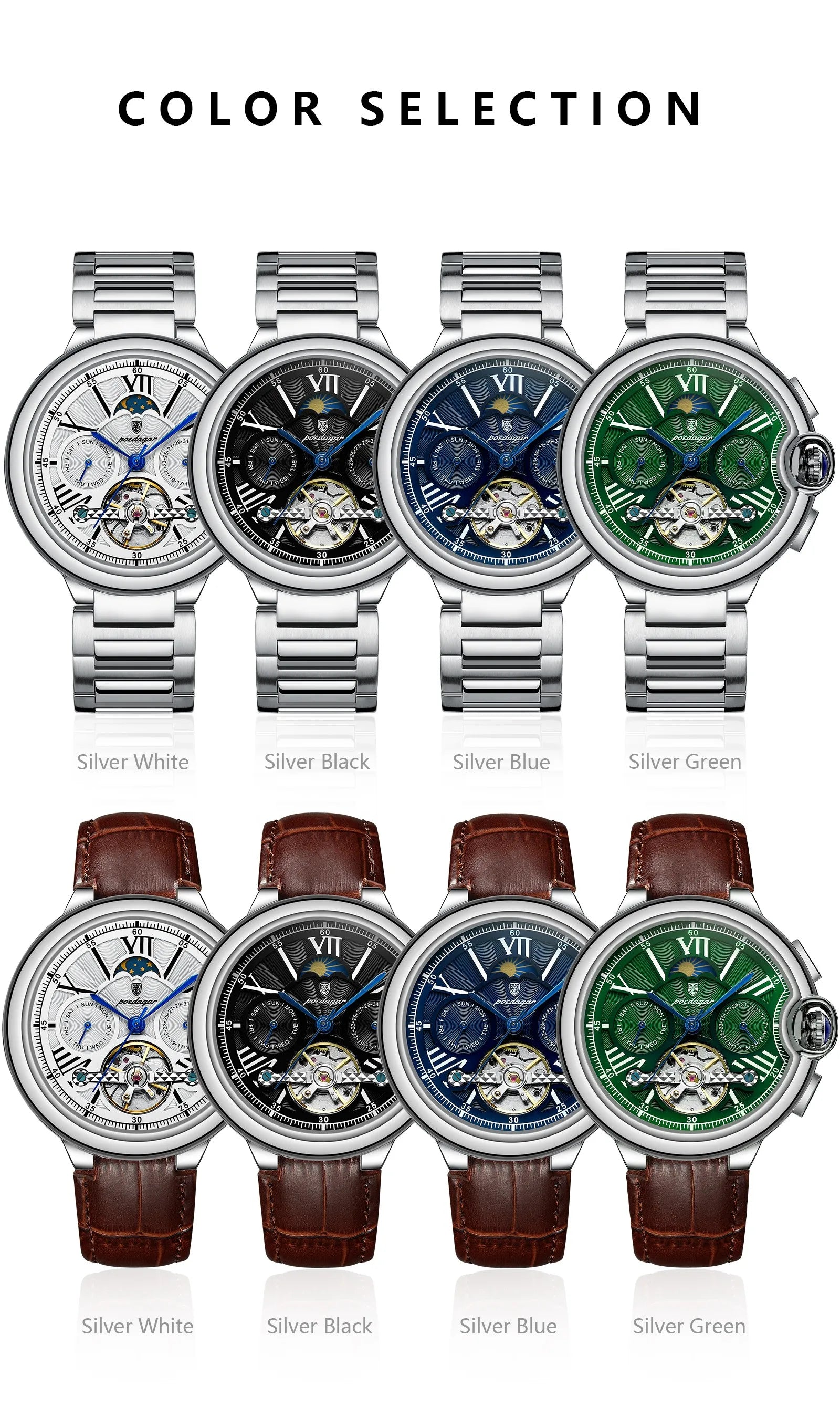 POEDAGAR Luxury Male Clock Date Week Stainless Steel Tourbillon Men Watch Waterproof Automatic Mechanical Business Men's Watches