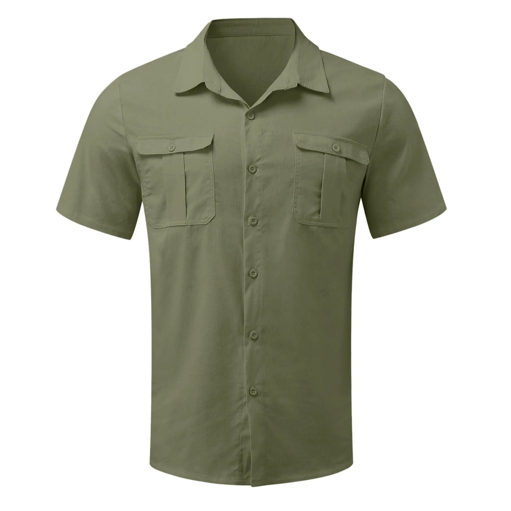 Cotton Linen Hot Sale Men Short-Sleeved Shirts Summer Solid Color Stand-Up Collar Casual Beach Style Plus SizeMale Shirts M-5XL