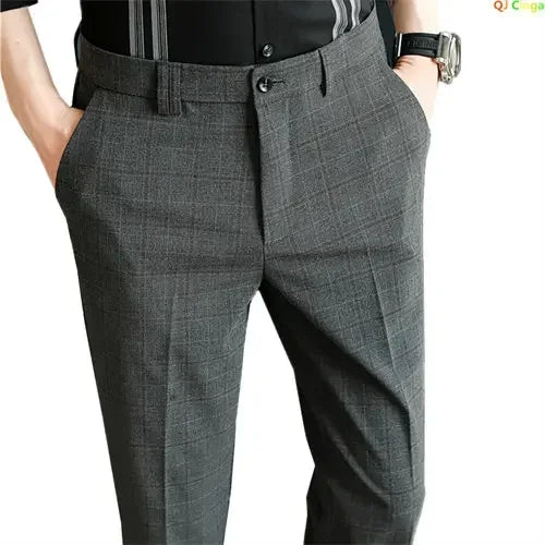 Gray Plaid Suit Pants Men, Fashion Slim Streaks Trousers Korean Navy Blue Pantalones Hombre, 28-32,33,34,36,38 Male Pant