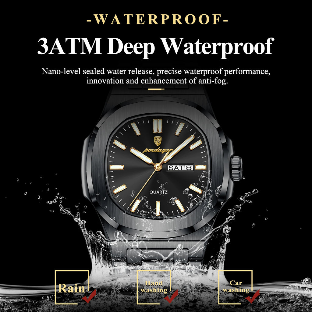 POEDAGAR Square Luxury Men Clock Waterproof Luminous Date Week Quartz Man Wristwatch Stainless Steel Fashion Men's Watches Reloj