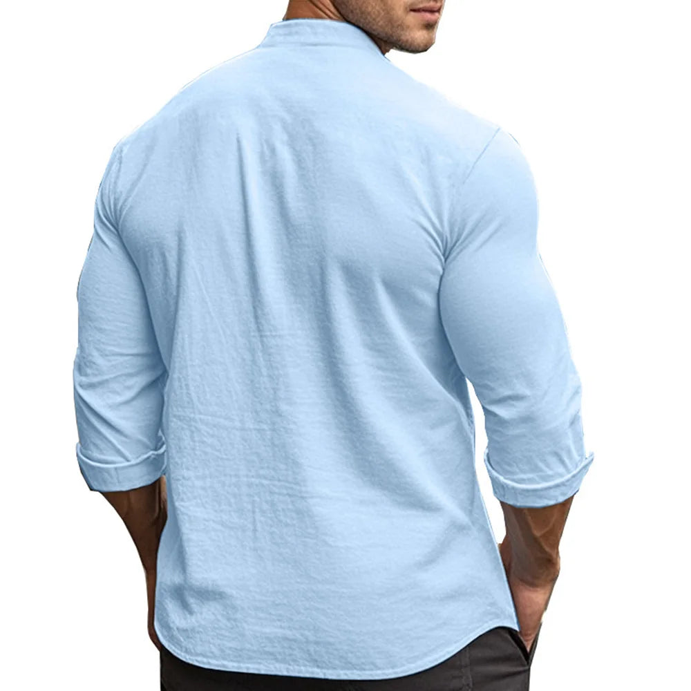 Men's Henry Shirts Cotton Linen Slim Fit Causal Hawaiian Solid Color Basic Style Spring Summer Breathable Men Clothing