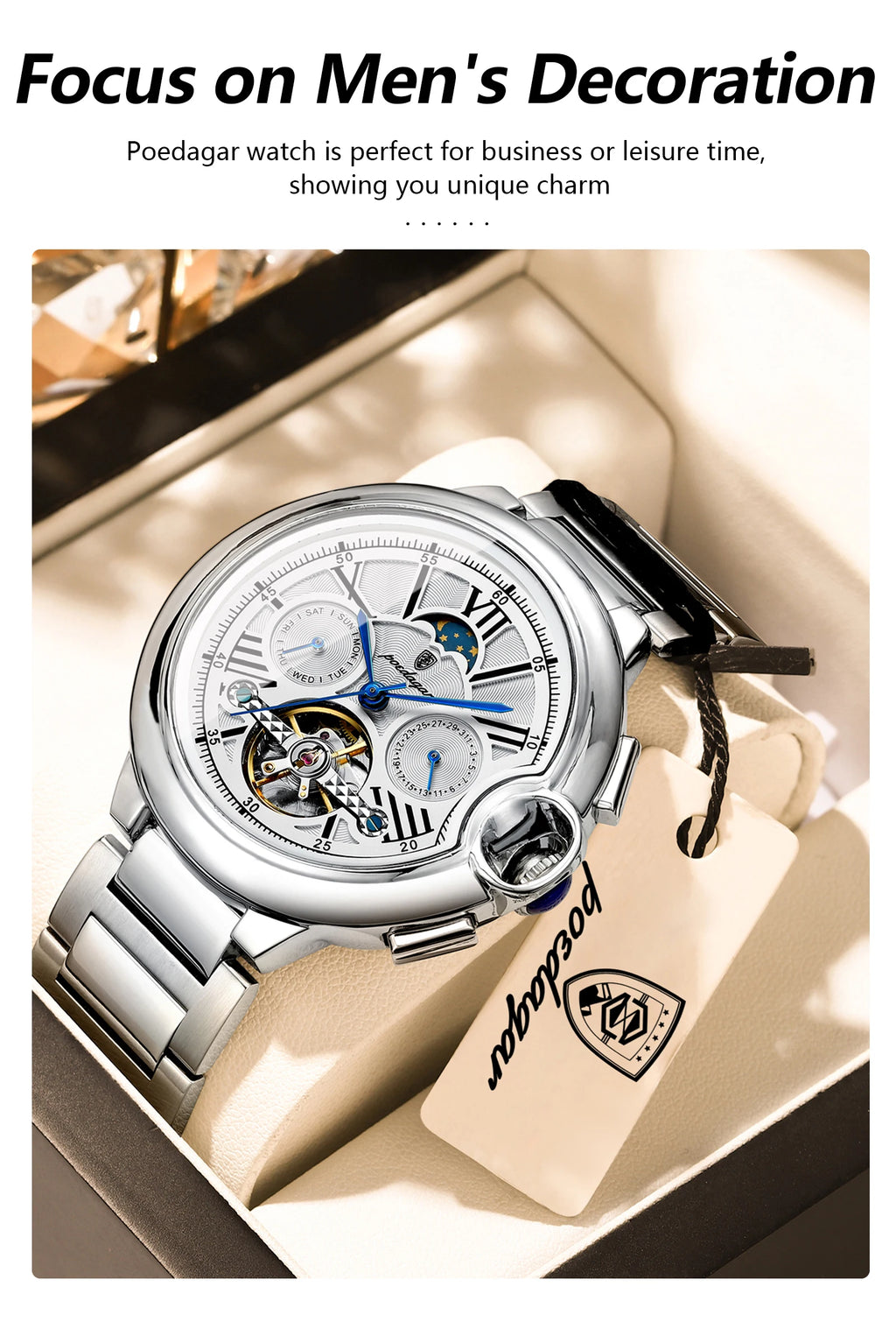 POEDAGAR Luxury Male Clock Date Week Stainless Steel Tourbillon Men Watch Waterproof Automatic Mechanical Business Men's Watches