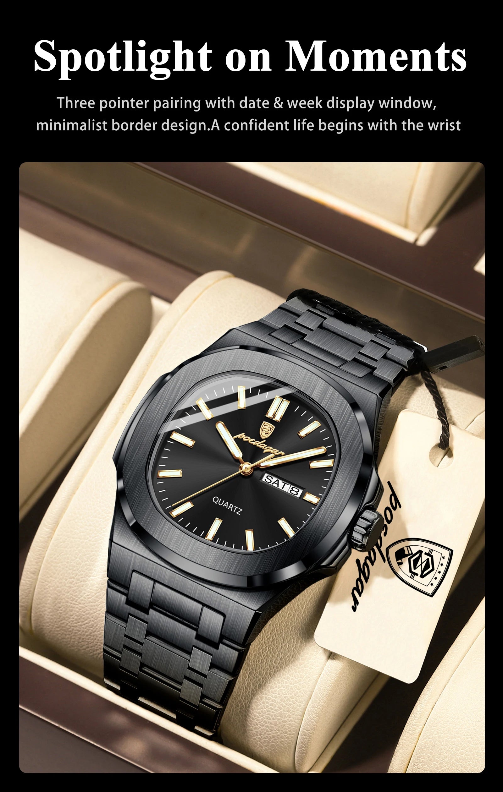 POEDAGAR Square Luxury Men Clock Waterproof Luminous Date Week Quartz Man Wristwatch Stainless Steel Fashion Men's Watches Reloj