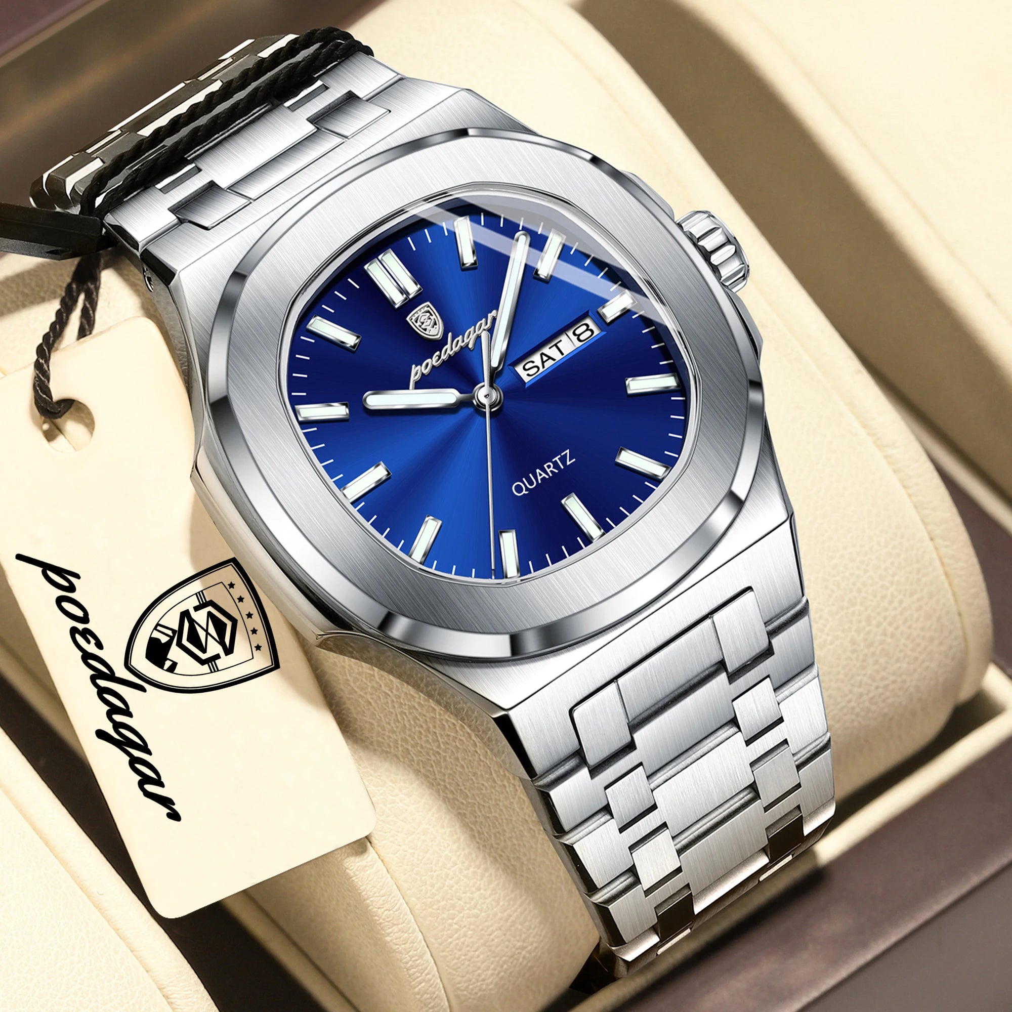 POEDAGAR Square Luxury Men Clock Waterproof Luminous Date Week Quartz Man Wristwatch Stainless Steel Fashion Men's Watches Reloj