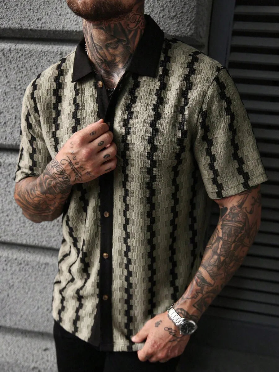 Casual Short Sleeve Knitted Shirt With Turn-Down Collar Geometric Pattern Men