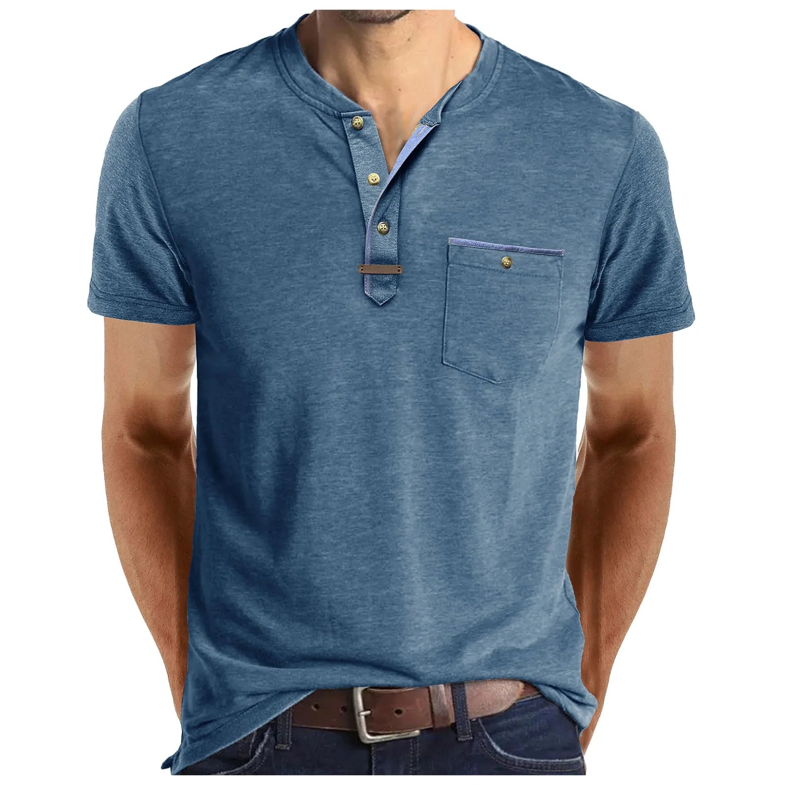 Men'S Short Sleeved T-Shirt Casual Round Neck Button Down Bottoming Shirt With Pocket Pullover Vintage Washed T-Shirt For Male