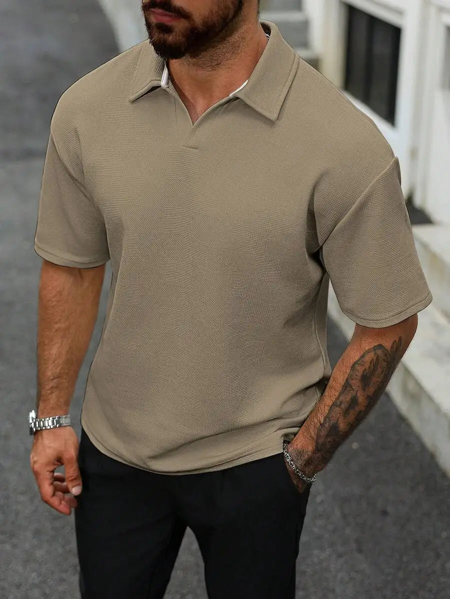 Men's Textured Short Sleeve Casual Polo Shirt in Off-White