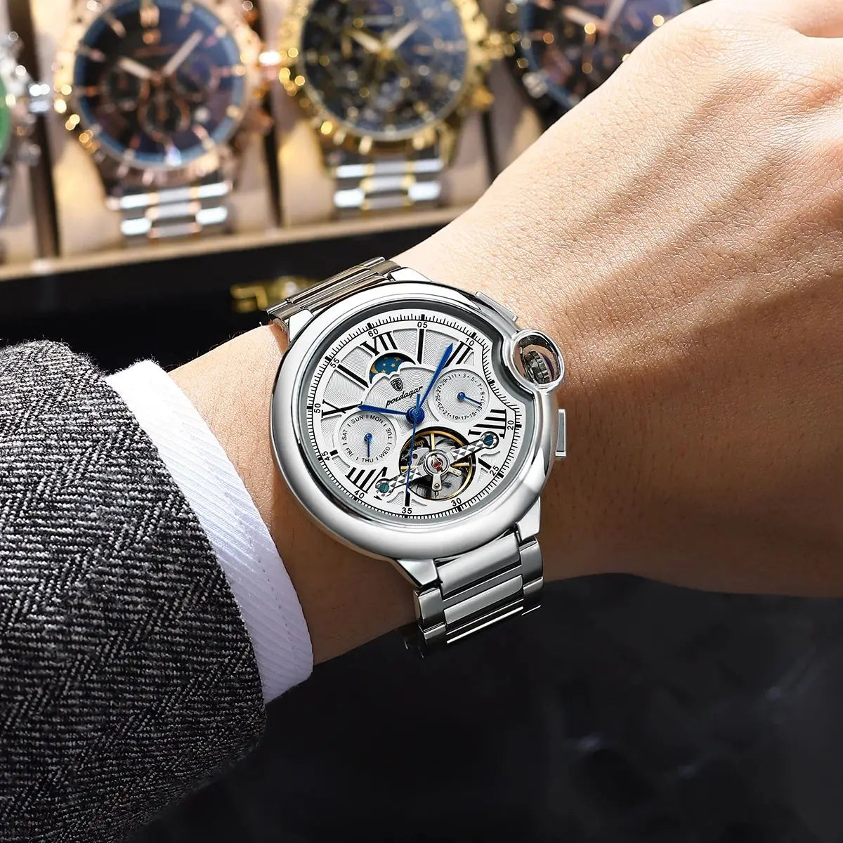 POEDAGAR Luxury Male Clock Date Week Stainless Steel Tourbillon Men Watch Waterproof Automatic Mechanical Business Men's Watches