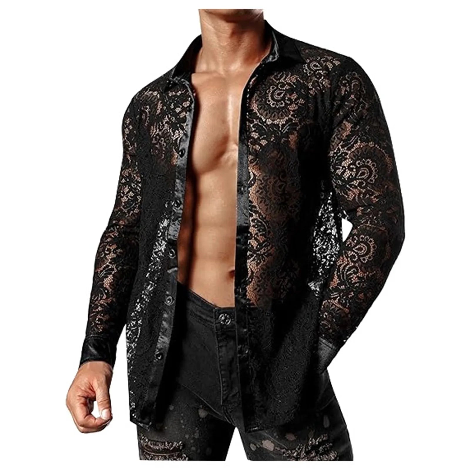 Men'S Foreign Trade Lace Shirt Transparent Sexy Long Sleeve Shirt Disco Party Fashionable Shirt Men'S Short-Sleeved Shirt