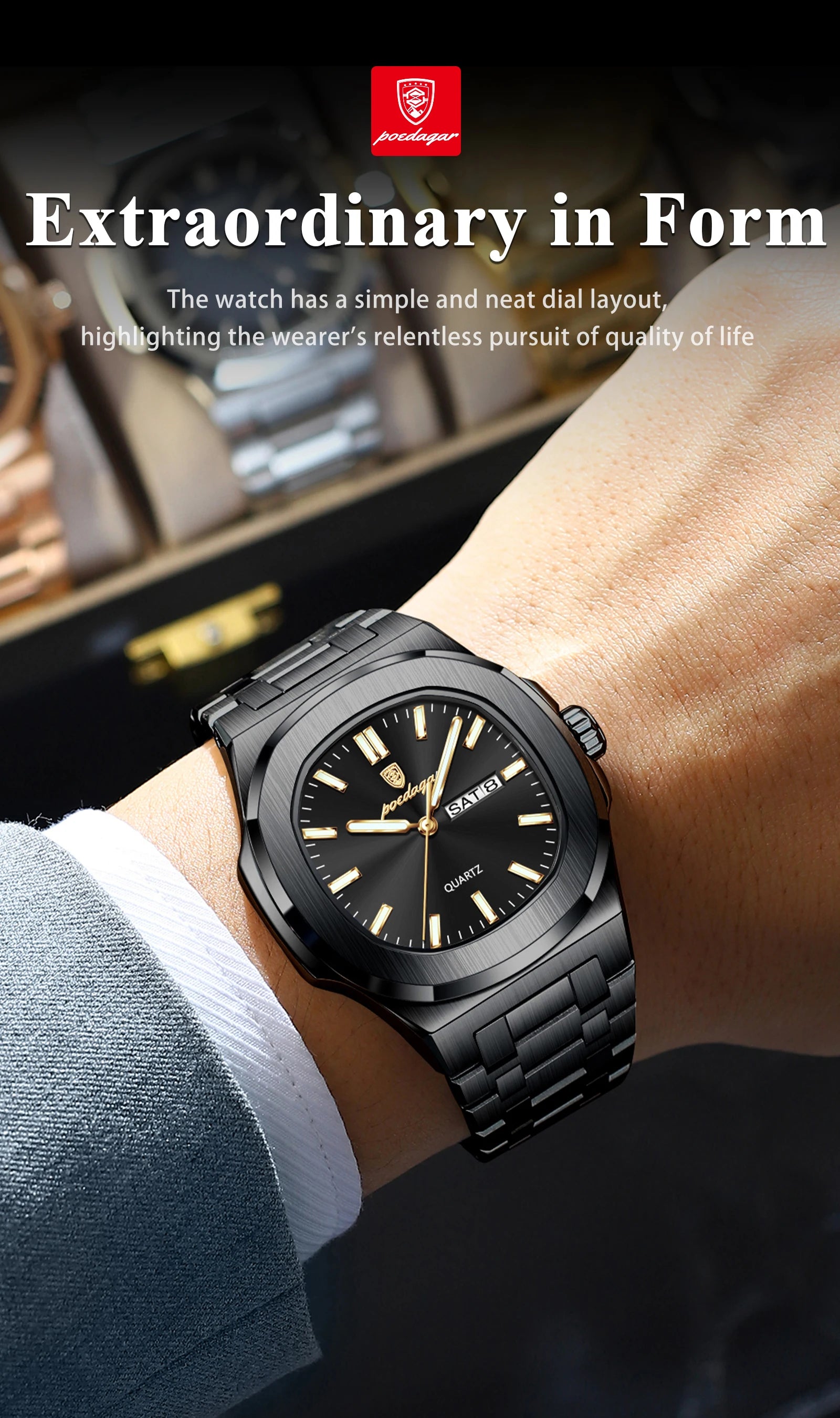 POEDAGAR Square Luxury Men Clock Waterproof Luminous Date Week Quartz Man Wristwatch Stainless Steel Fashion Men's Watches Reloj