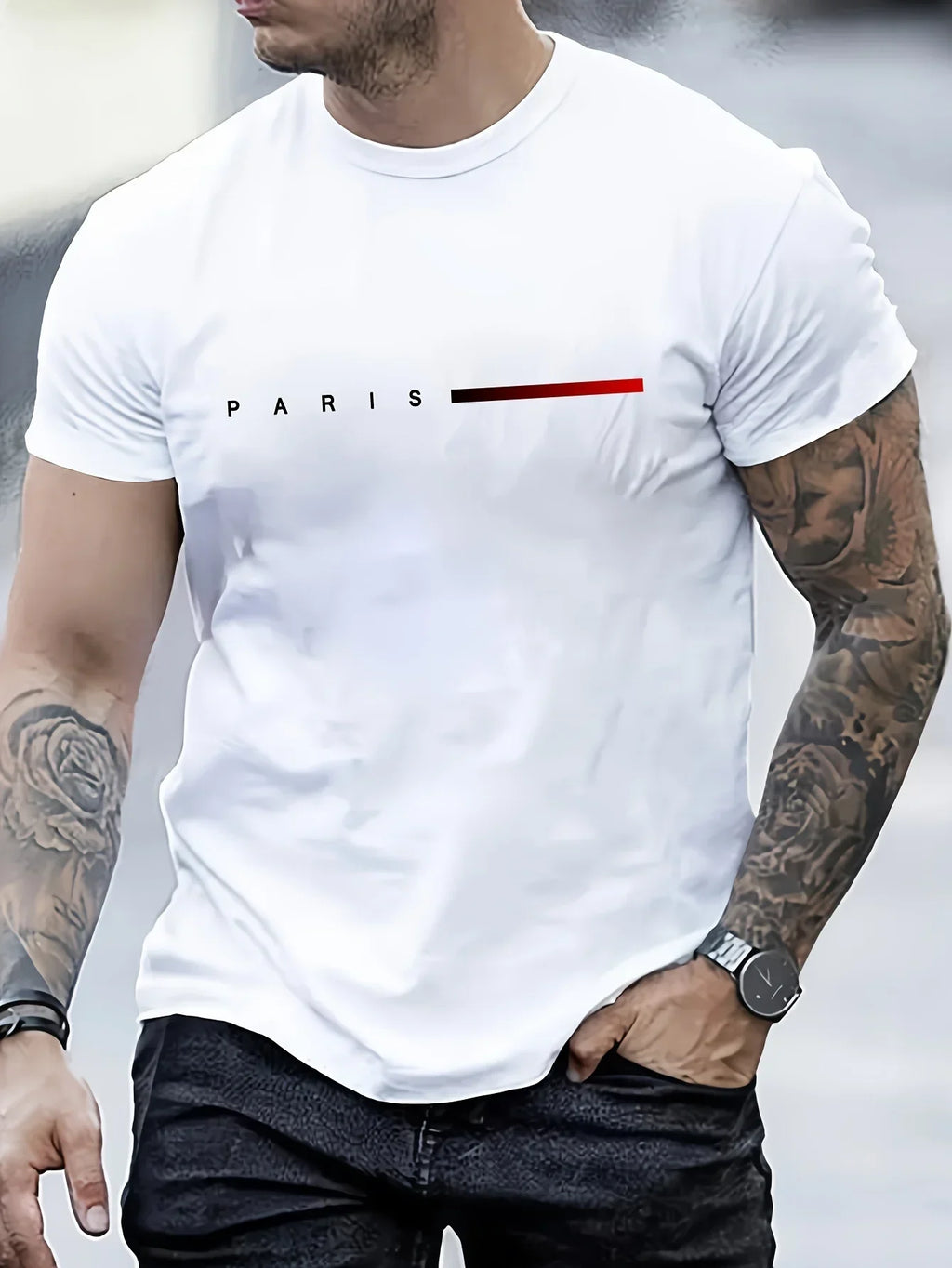 New fashionable t-shirt for men loose Paris style with creative print of letters casual round neck and short sleeves for summer