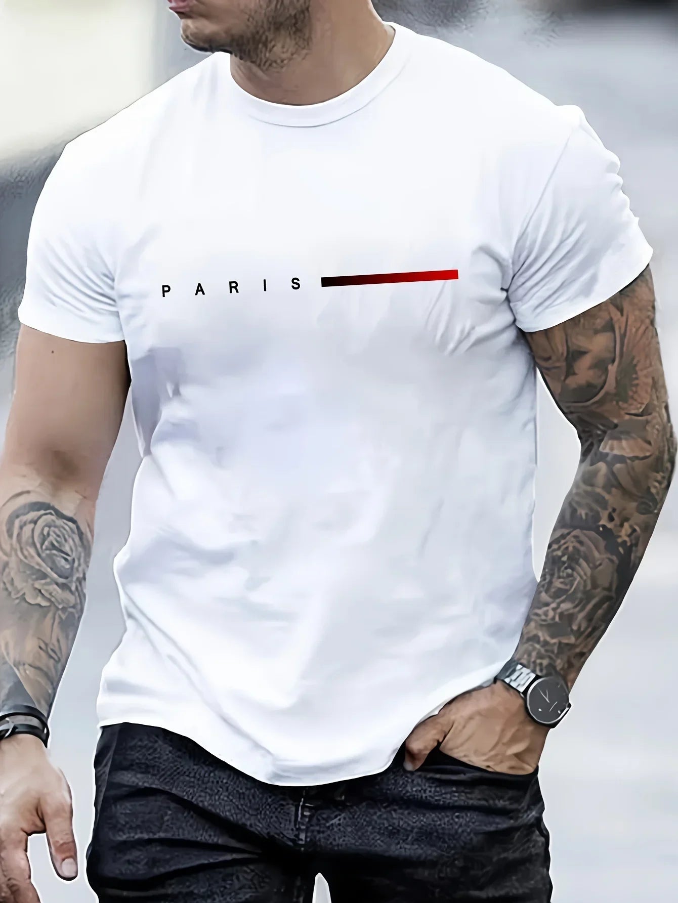 New fashionable t-shirt for men loose Paris style with creative print of letters casual round neck and short sleeves for summer