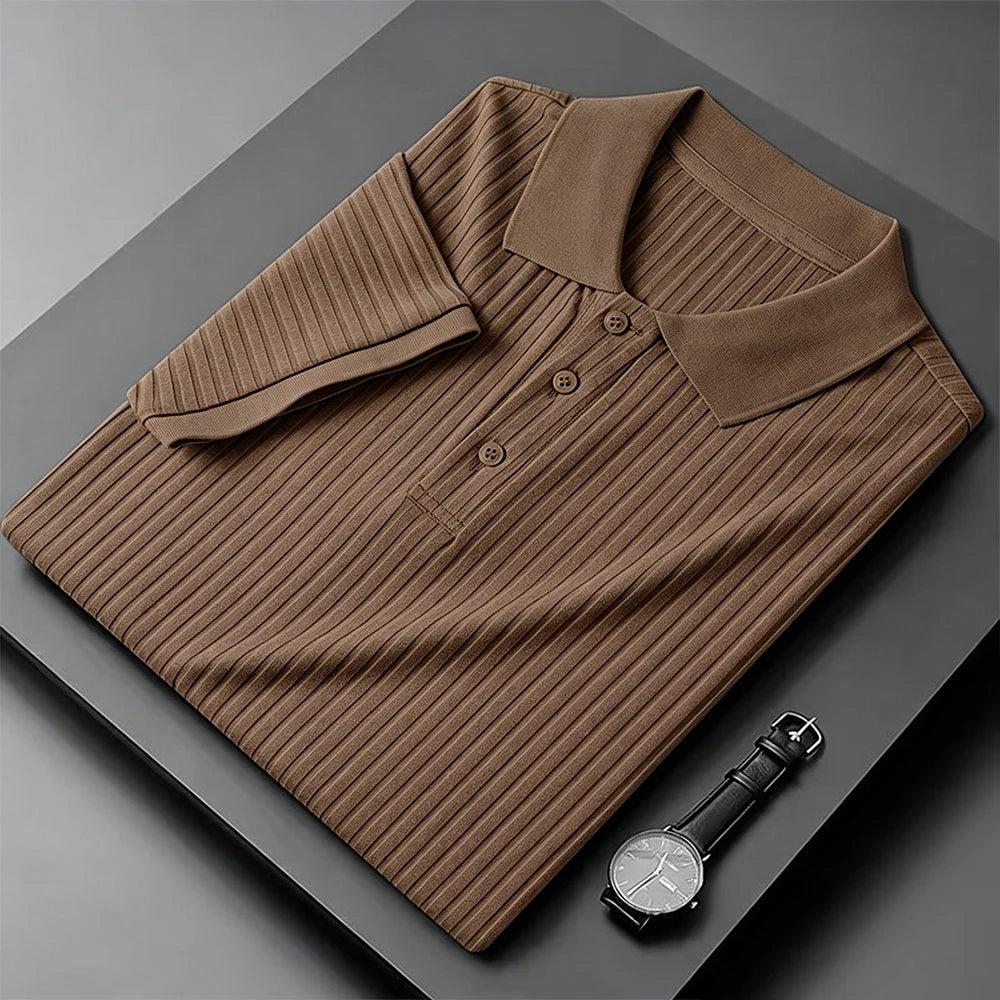 Men's Short Sleeve Polo Shirt Summer Ice Silk Lightweight T-shirt Solid Color Fashion Pit-striped Casual Simple Style Tops