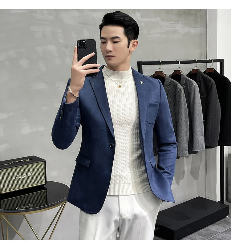 Deerskin Leather Jacket Blazer Men Casual Slim Fit Blazer Hombre Suit Leather Jacket Men Terno Masculino Men Clothing 6 Color