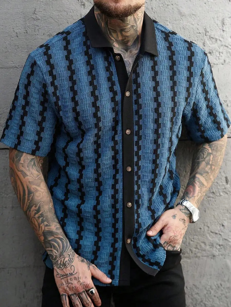 Casual Short Sleeve Knitted Shirt With Turn-Down Collar Geometric Pattern Men