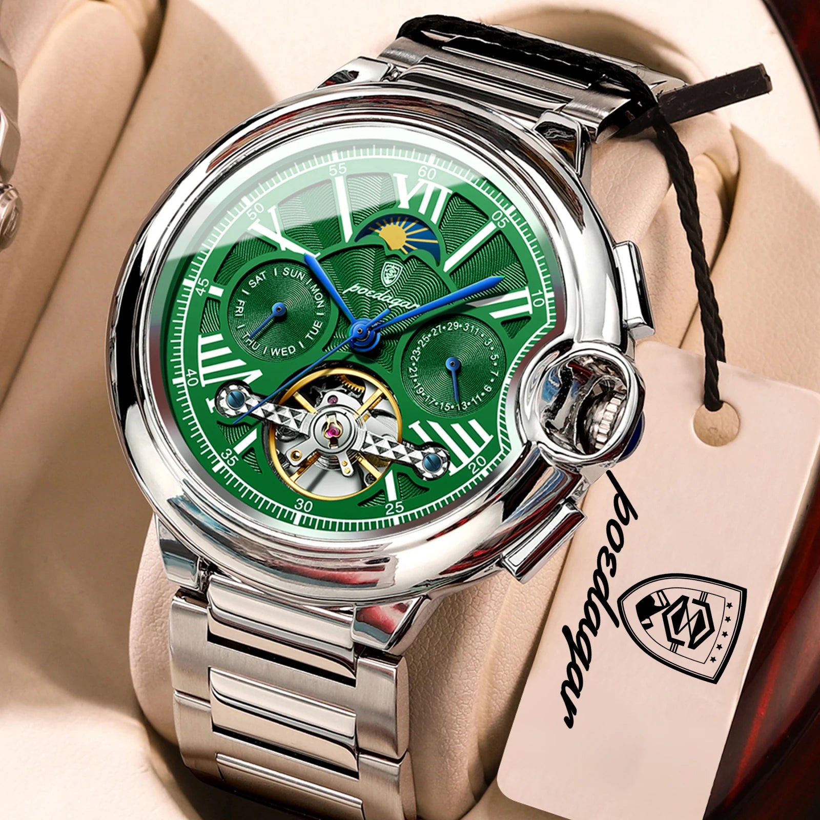 POEDAGAR Luxury Male Clock Date Week Stainless Steel Tourbillon Men Watch Waterproof Automatic Mechanical Business Men's Watches