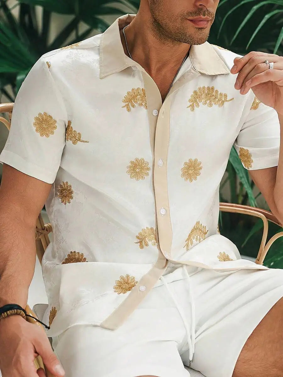 Casual Short Sleeve Knitted Shirt With Turn-Down Collar Geometric Pattern Men
