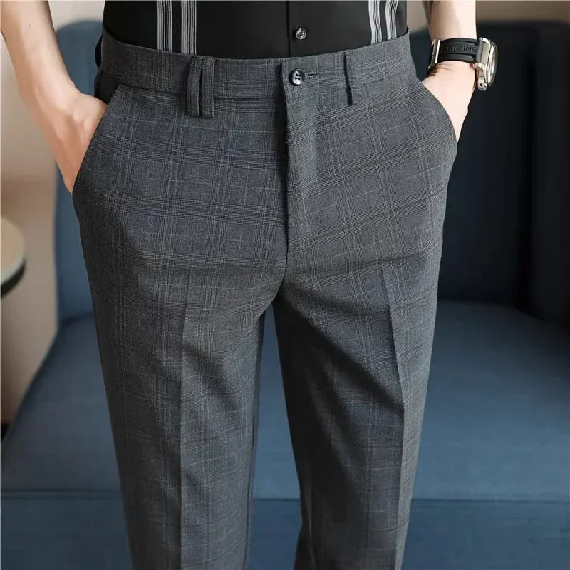 Gray Plaid Suit Pants Men, Fashion Slim Streaks Trousers Korean Navy Blue Pantalones Hombre, 28-32,33,34,36,38 Male Pant
