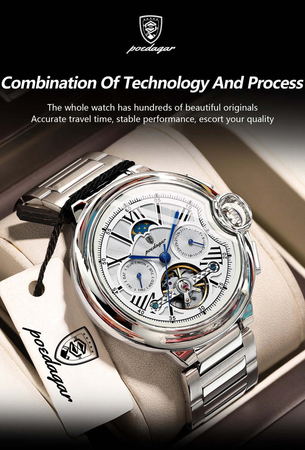 POEDAGAR Luxury Male Clock Date Week Stainless Steel Tourbillon Men Watch Waterproof Automatic Mechanical Business Men's Watches