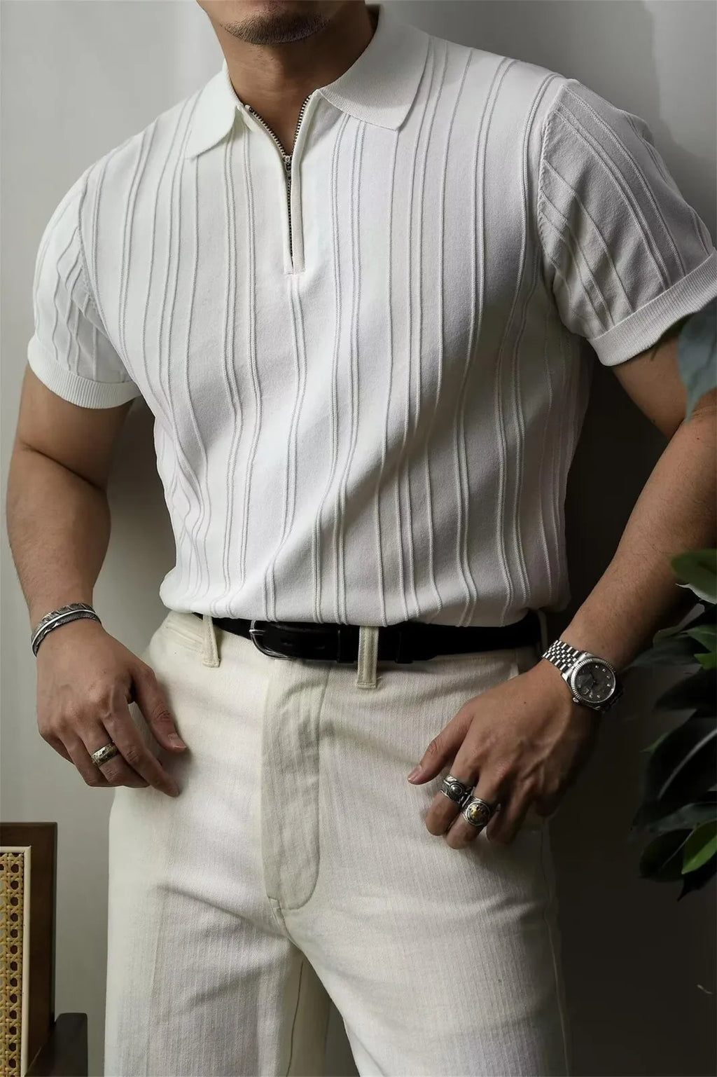 Korean Luxury Slim Soild Retro Tops Tees Clothes Knit Shirts Short Sleeve Quarter Zip Casual T Shirts Retro Camisas De Hombre