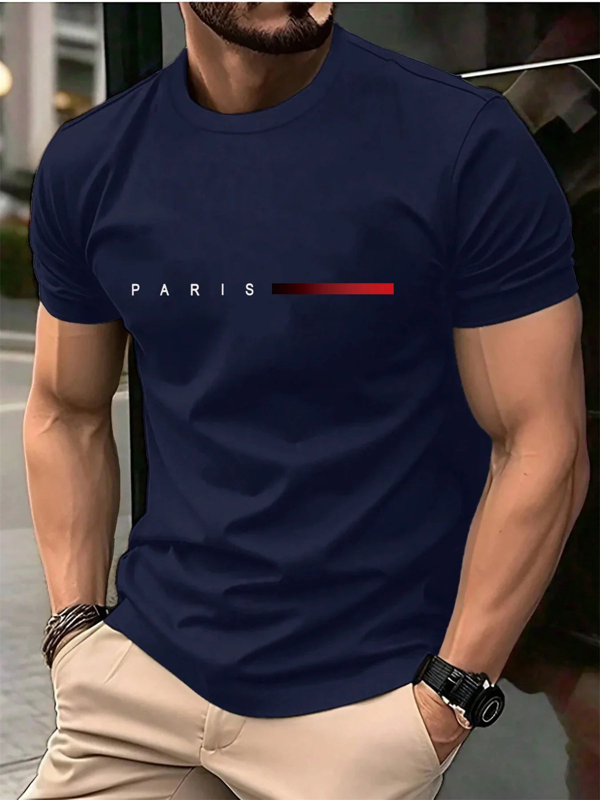 New fashionable t-shirt for men loose Paris style with creative print of letters casual round neck and short sleeves for summer