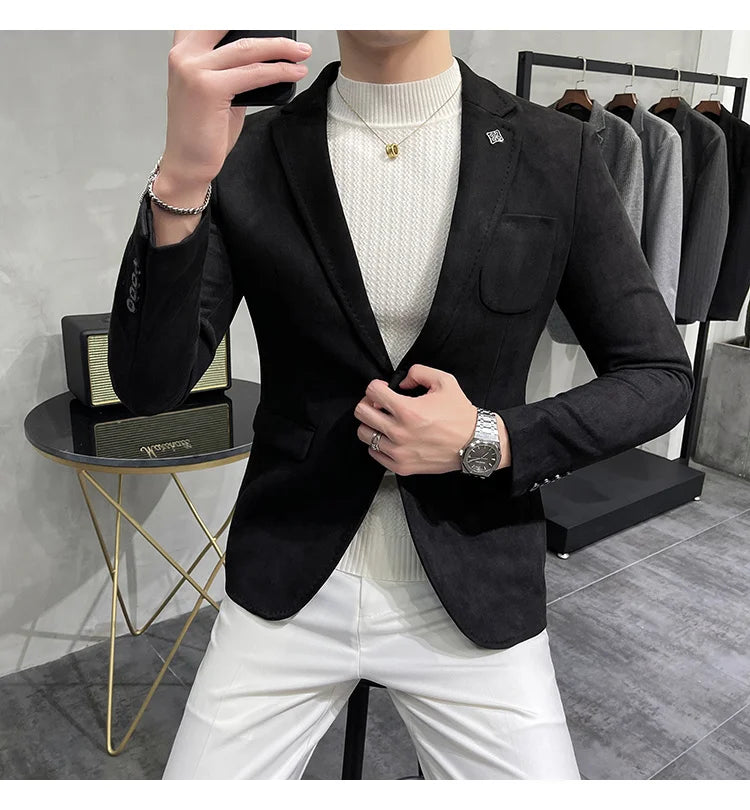 Deerskin Leather Jacket Blazer Men Casual Slim Fit Blazer Hombre Suit Leather Jacket Men Terno Masculino Men Clothing 6 Color
