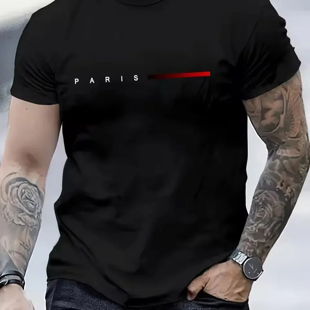 New fashionable t-shirt for men loose Paris style with creative print of letters casual round neck and short sleeves for summer