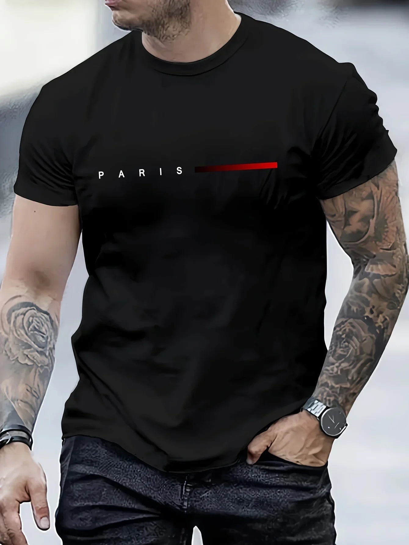 New fashionable t-shirt for men loose Paris style with creative print of letters casual round neck and short sleeves for summer