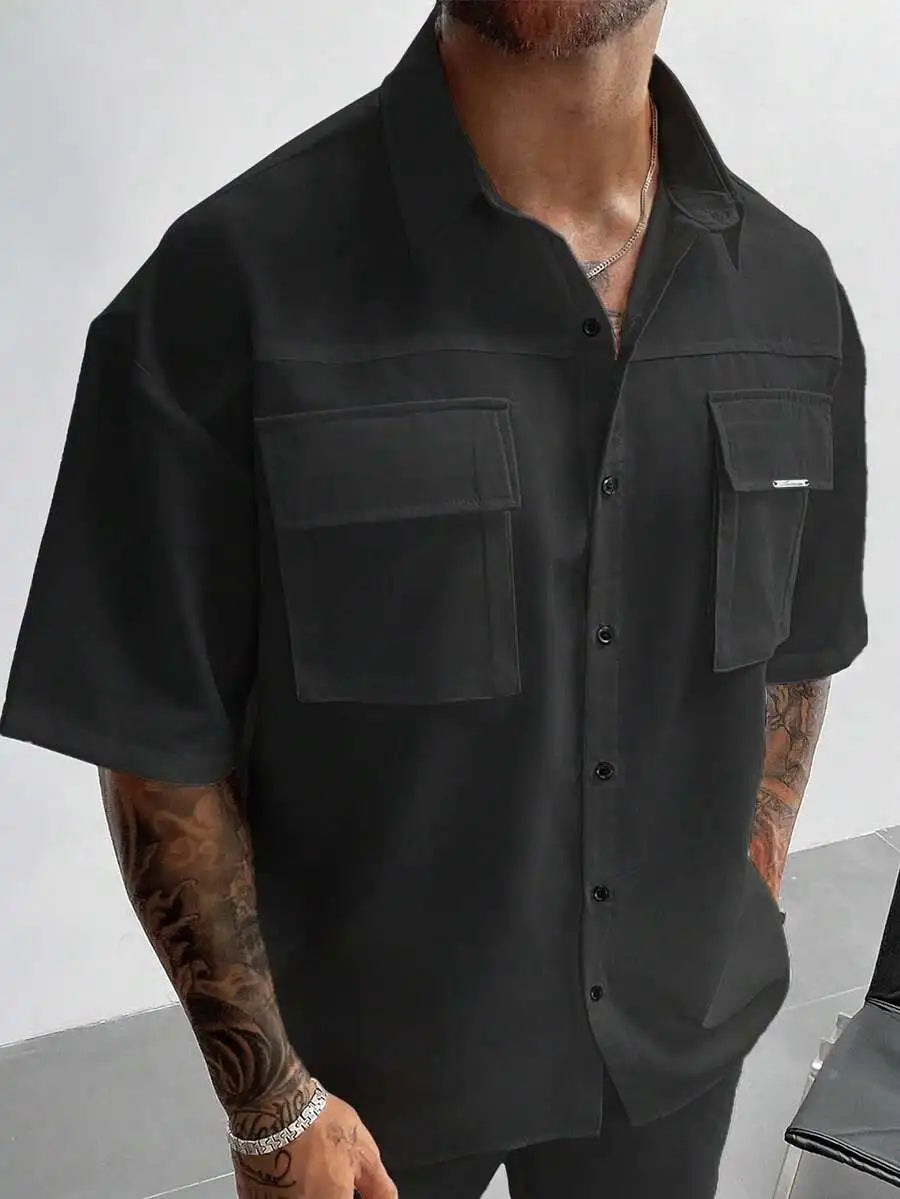 Men's White Short Sleeve Loose Fit Cargo Shirt with Front Pockets