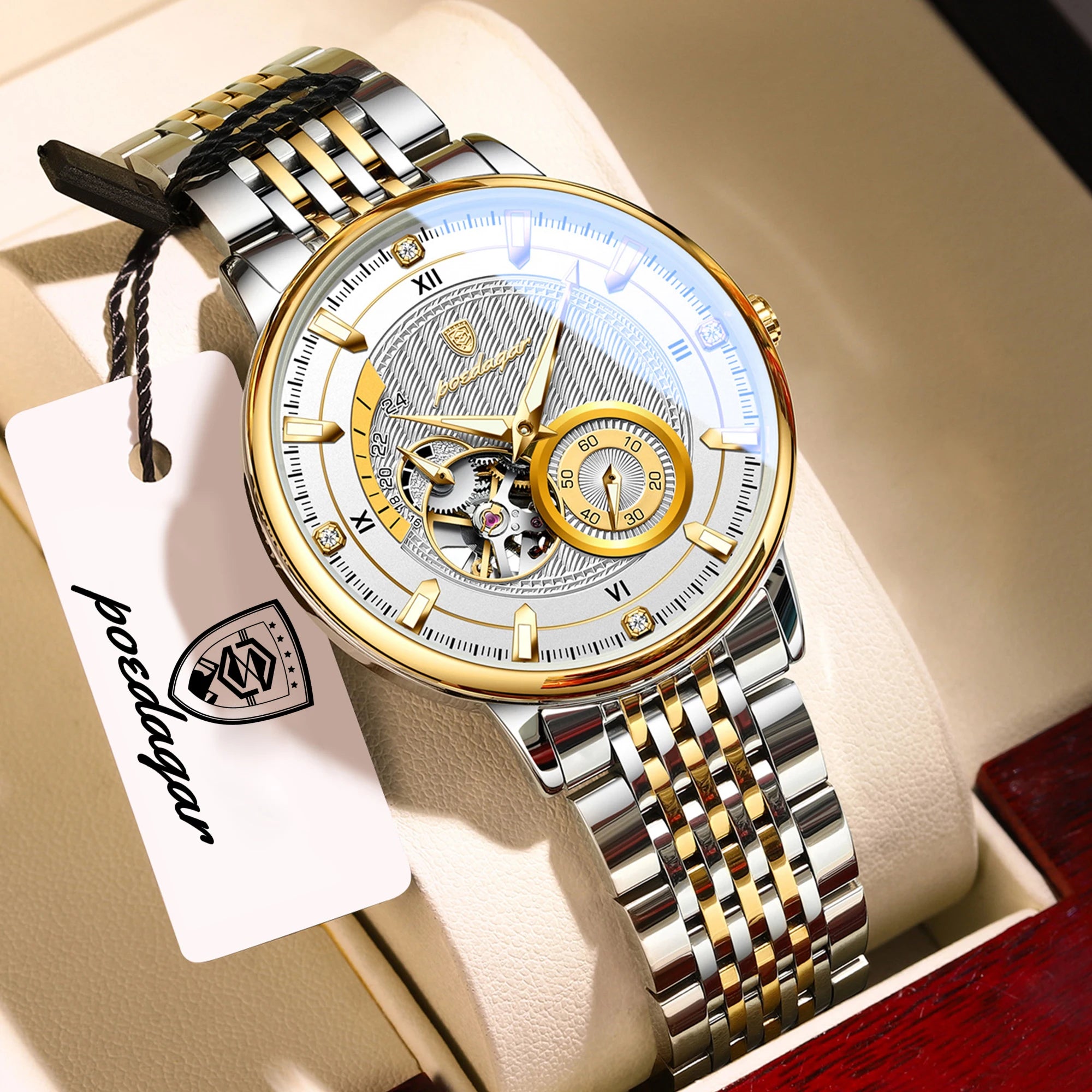 POEDAGAR Luxury Male Clock Date Week Stainless Steel Tourbillon Men Watch Waterproof Automatic Mechanical Business Men's Watches