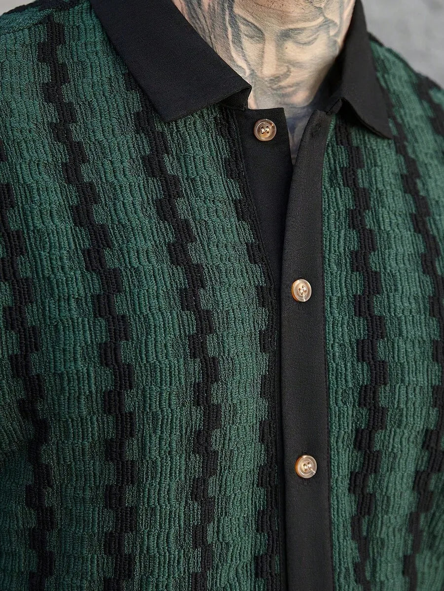 Casual Short Sleeve Knitted Shirt With Turn-Down Collar Geometric Pattern Men