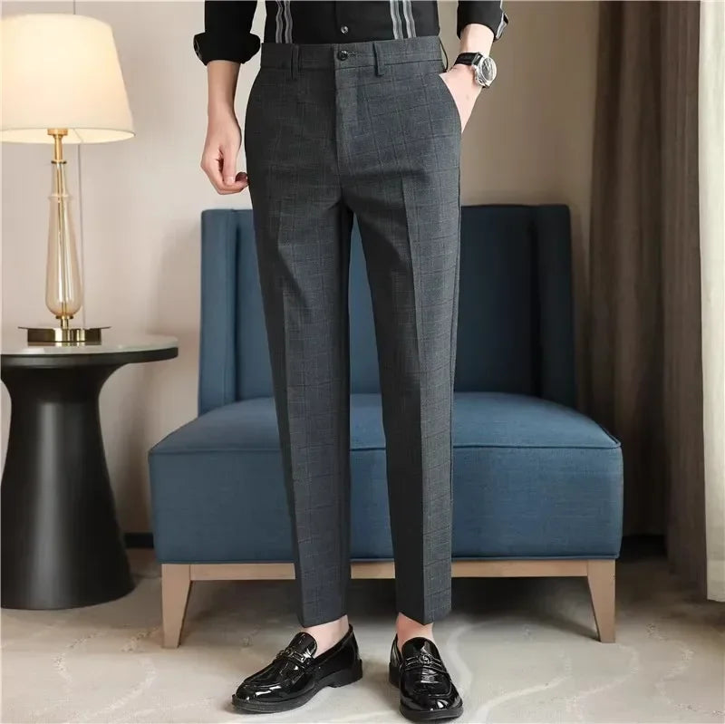 Gray Plaid Suit Pants Men, Fashion Slim Streaks Trousers Korean Navy Blue Pantalones Hombre, 28-32,33,34,36,38 Male Pant