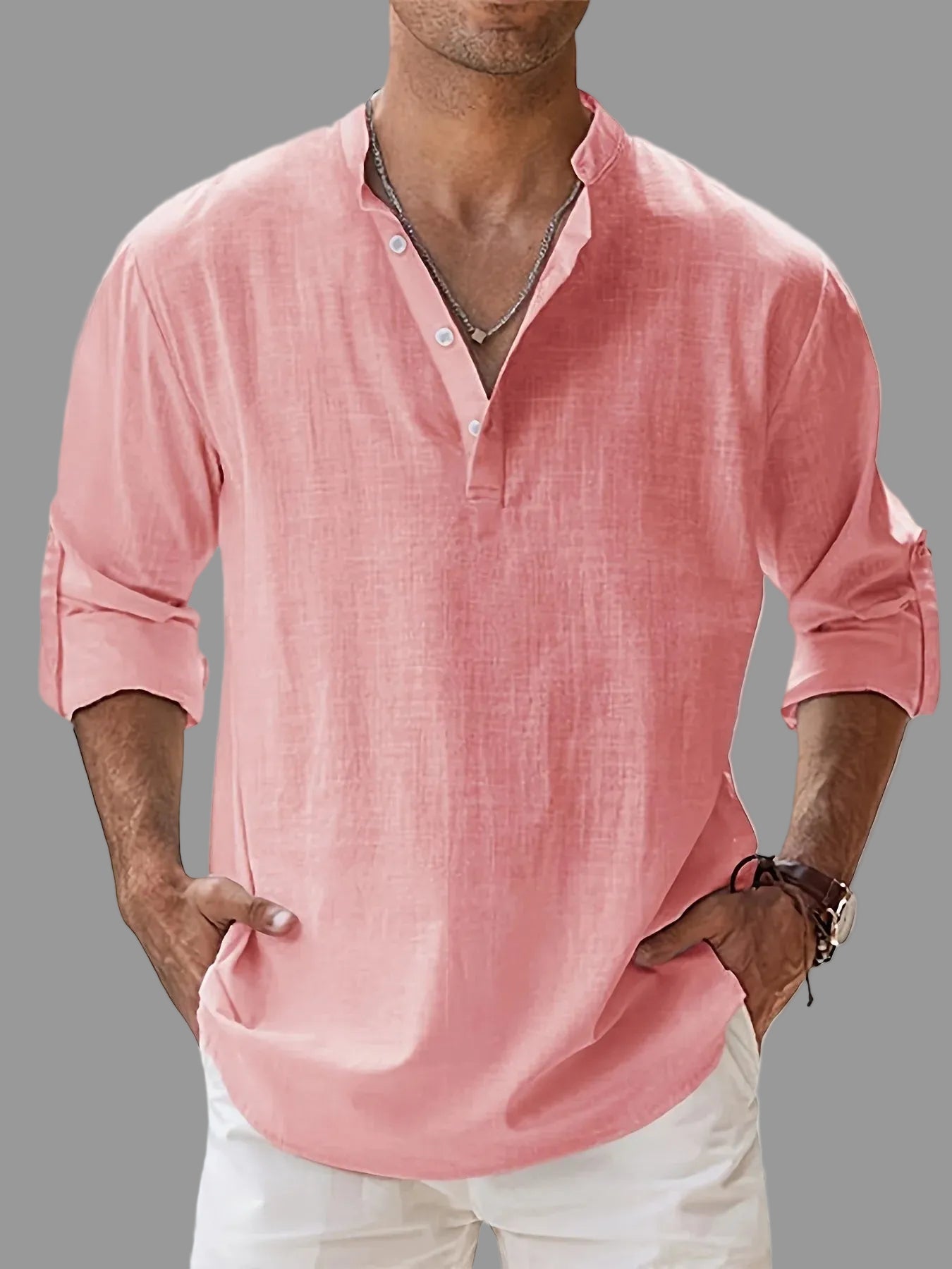 Men's Linen Stand Collar Long Sleeve T-Shirt Loose Fit; Solid Color Long Sleeve Cotton Linen Shirt