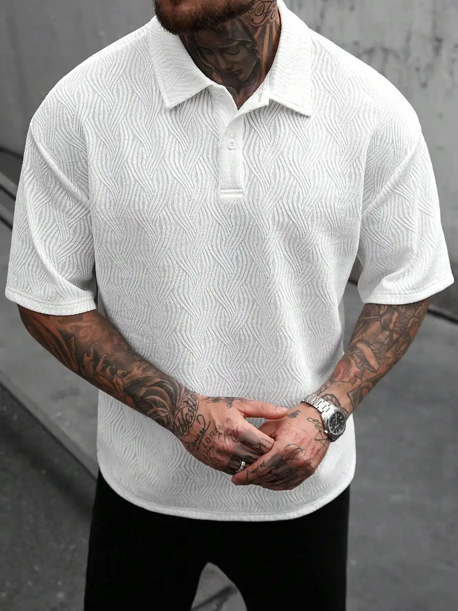 Men's Textured Short Sleeve Casual Polo Shirt in Off-White