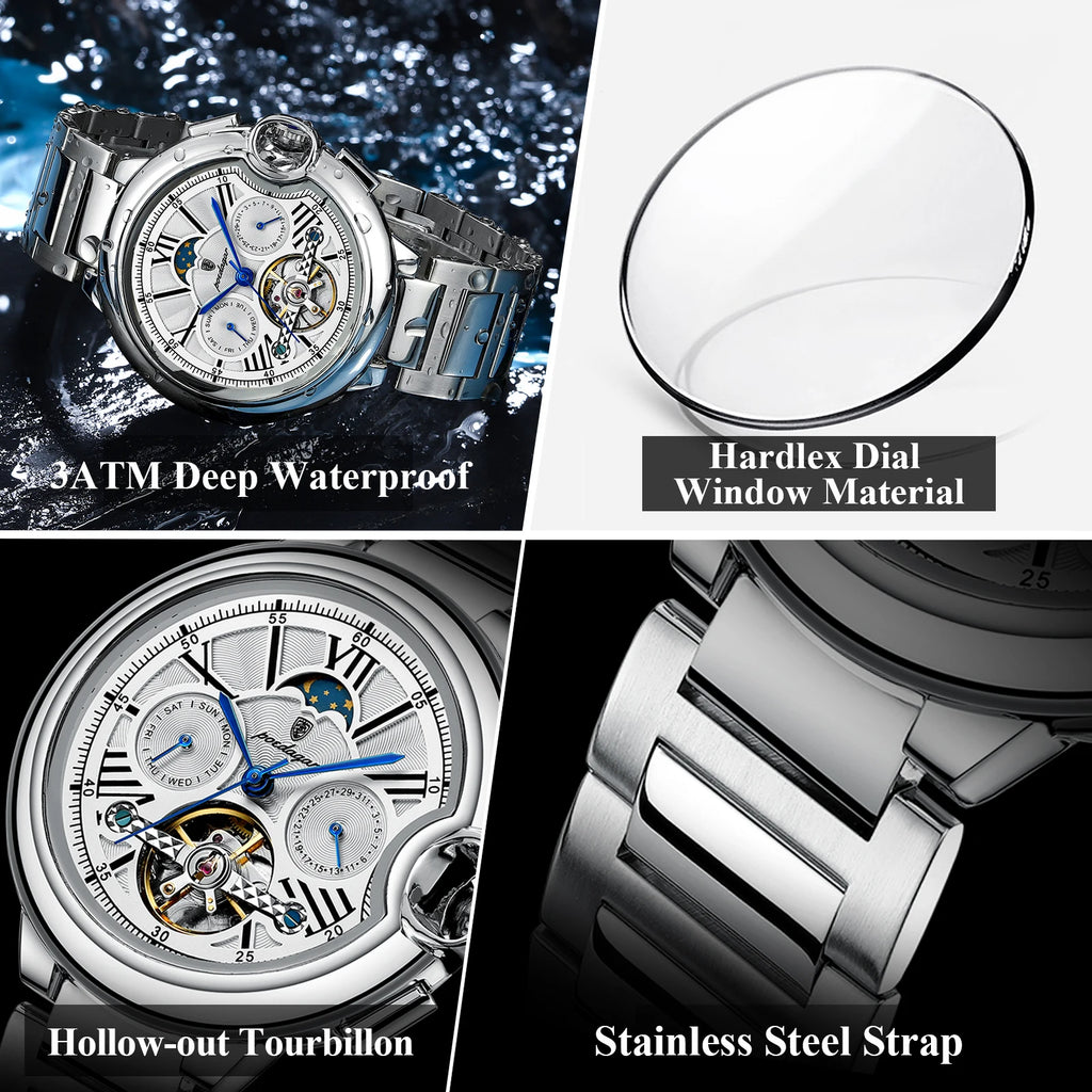 POEDAGAR Luxury Male Clock Date Week Stainless Steel Tourbillon Men Watch Waterproof Automatic Mechanical Business Men's Watches