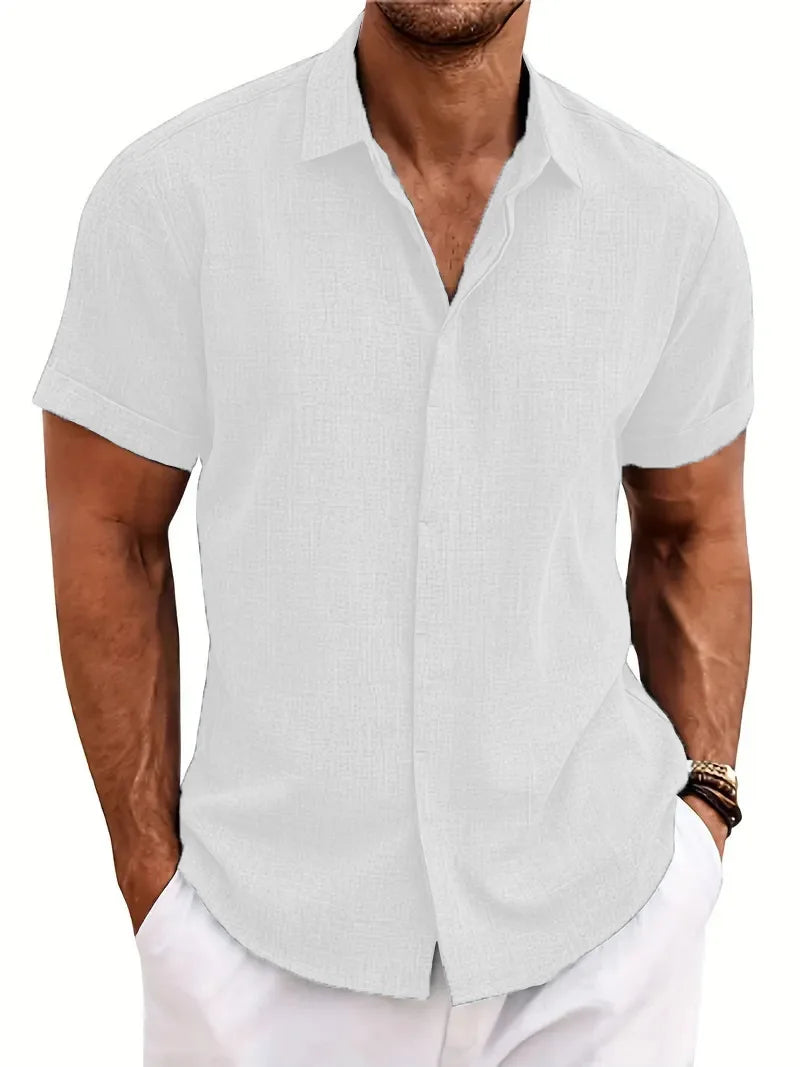 New men's solid color short-sleeved shirt Summer solid color lapel casual beach style cardigan polyester shirt