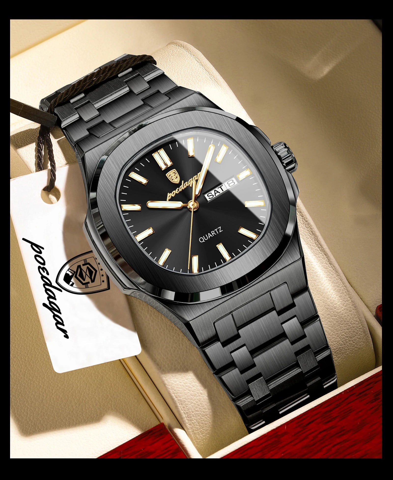 POEDAGAR Square Luxury Men Clock Waterproof Luminous Date Week Quartz Man Wristwatch Stainless Steel Fashion Men's Watches Reloj