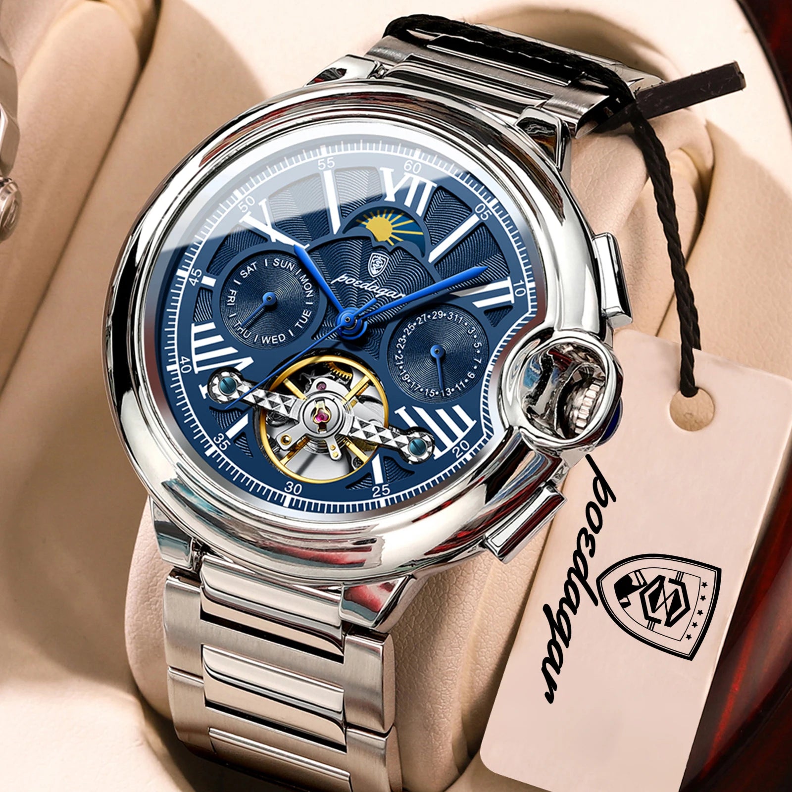 POEDAGAR Luxury Male Clock Date Week Stainless Steel Tourbillon Men Watch Waterproof Automatic Mechanical Business Men's Watches