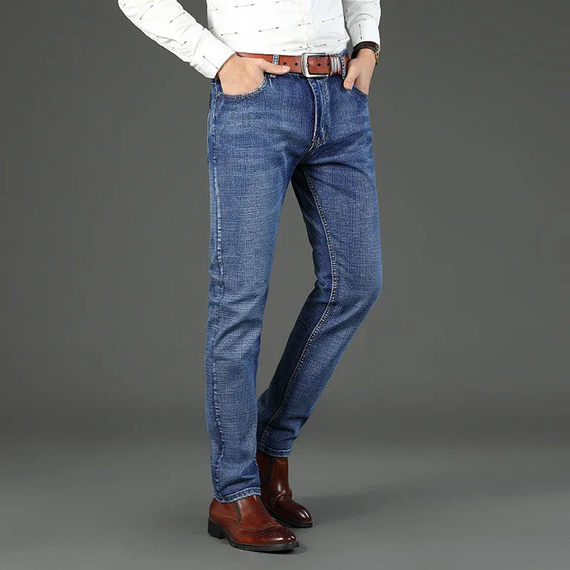 WTHINLEE Business Men's Jeans Casual Straight Stretch Fashion Classic Blue Work Denim Trousers Male Brand Clothing Size 28-40