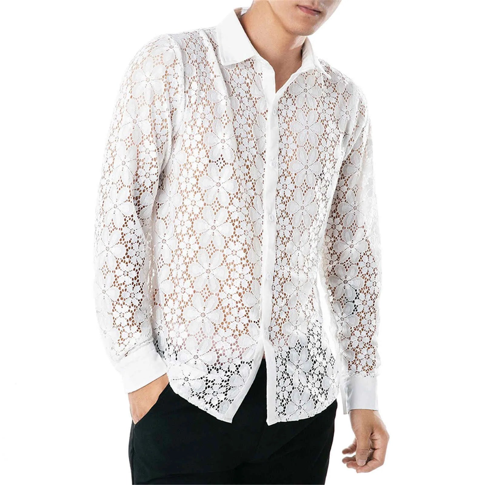 Men'S Foreign Trade Lace Shirt Transparent Sexy Long Sleeve Shirt Disco Party Fashionable Shirt Men'S Short-Sleeved Shirt