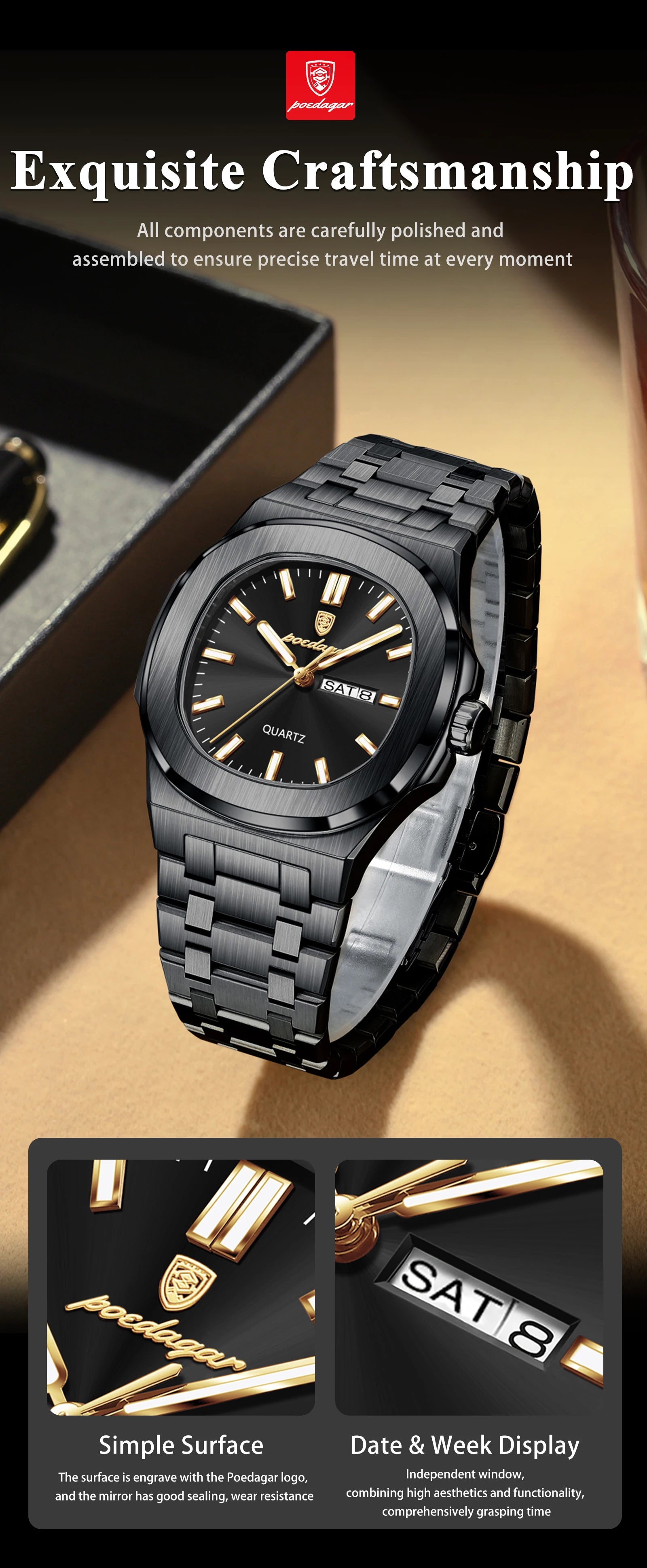 POEDAGAR Square Luxury Men Clock Waterproof Luminous Date Week Quartz Man Wristwatch Stainless Steel Fashion Men's Watches Reloj