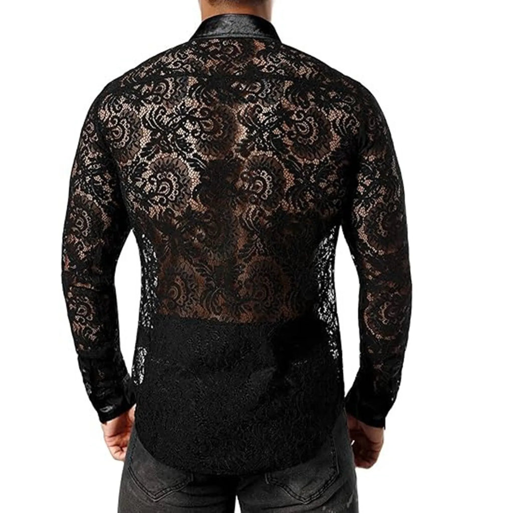 Men'S Foreign Trade Lace Shirt Transparent Sexy Long Sleeve Shirt Disco Party Fashionable Shirt Men'S Short-Sleeved Shirt