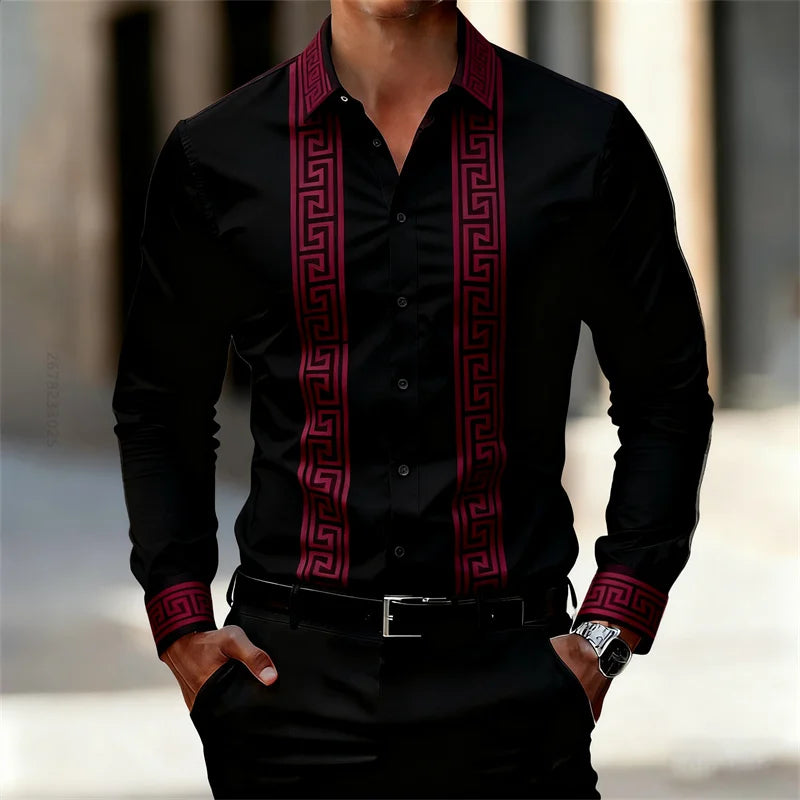 Men's Retro Geometric Print Shirt, Stylish Long-Sleeve Black Shirt, Business Casual Men's Top, Multiple Colors Available, XS-6XL