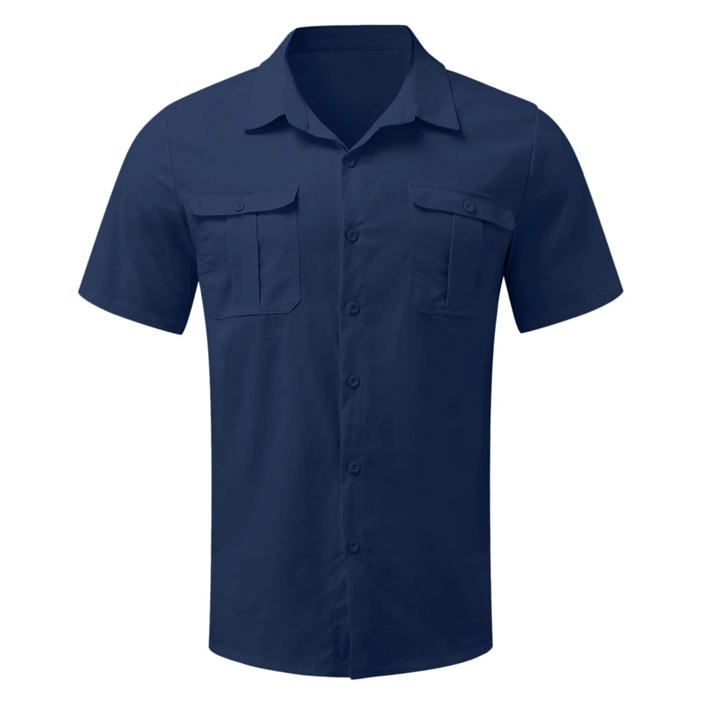 Cotton Linen Hot Sale Men Short-Sleeved Shirts Summer Solid Color Stand-Up Collar Casual Beach Style Plus SizeMale Shirts M-5XL