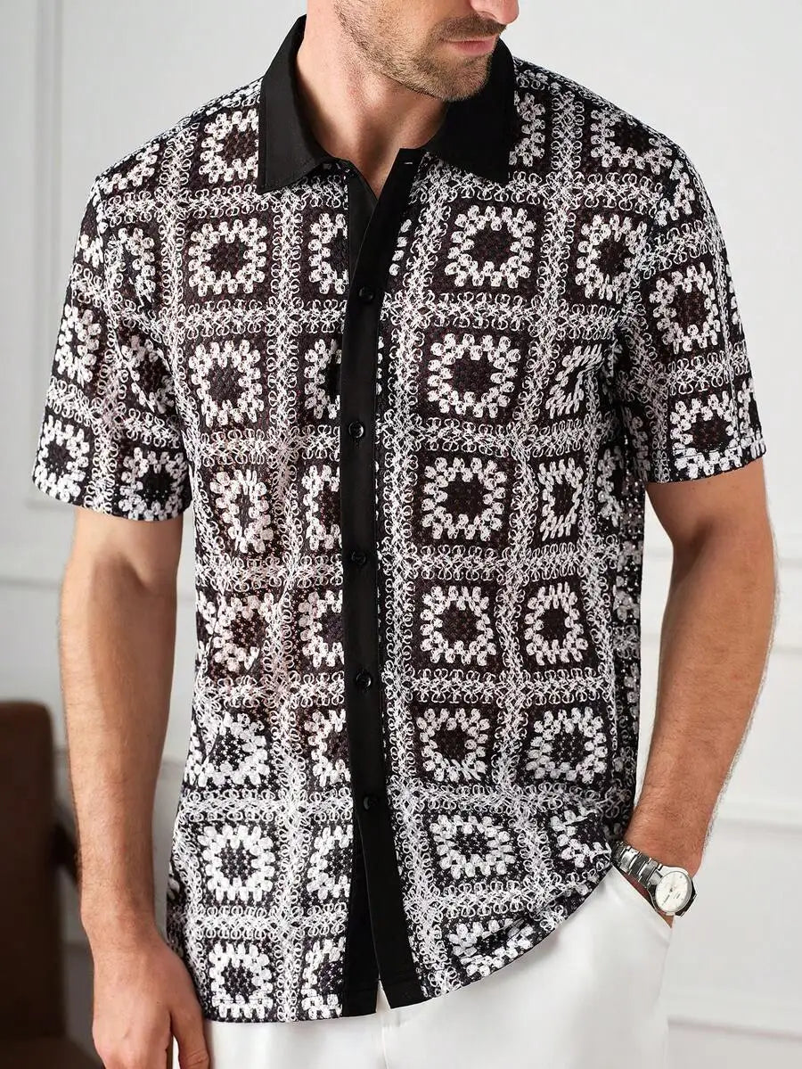 Casual Short Sleeve Knitted Shirt With Turn-Down Collar Geometric Pattern Men